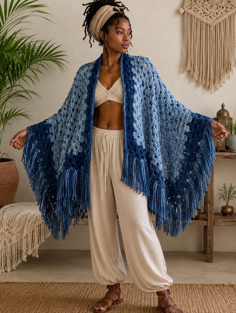 Handmade Blue Gradient Crochet Shawl Ruana with Fringe by Tribal Bae